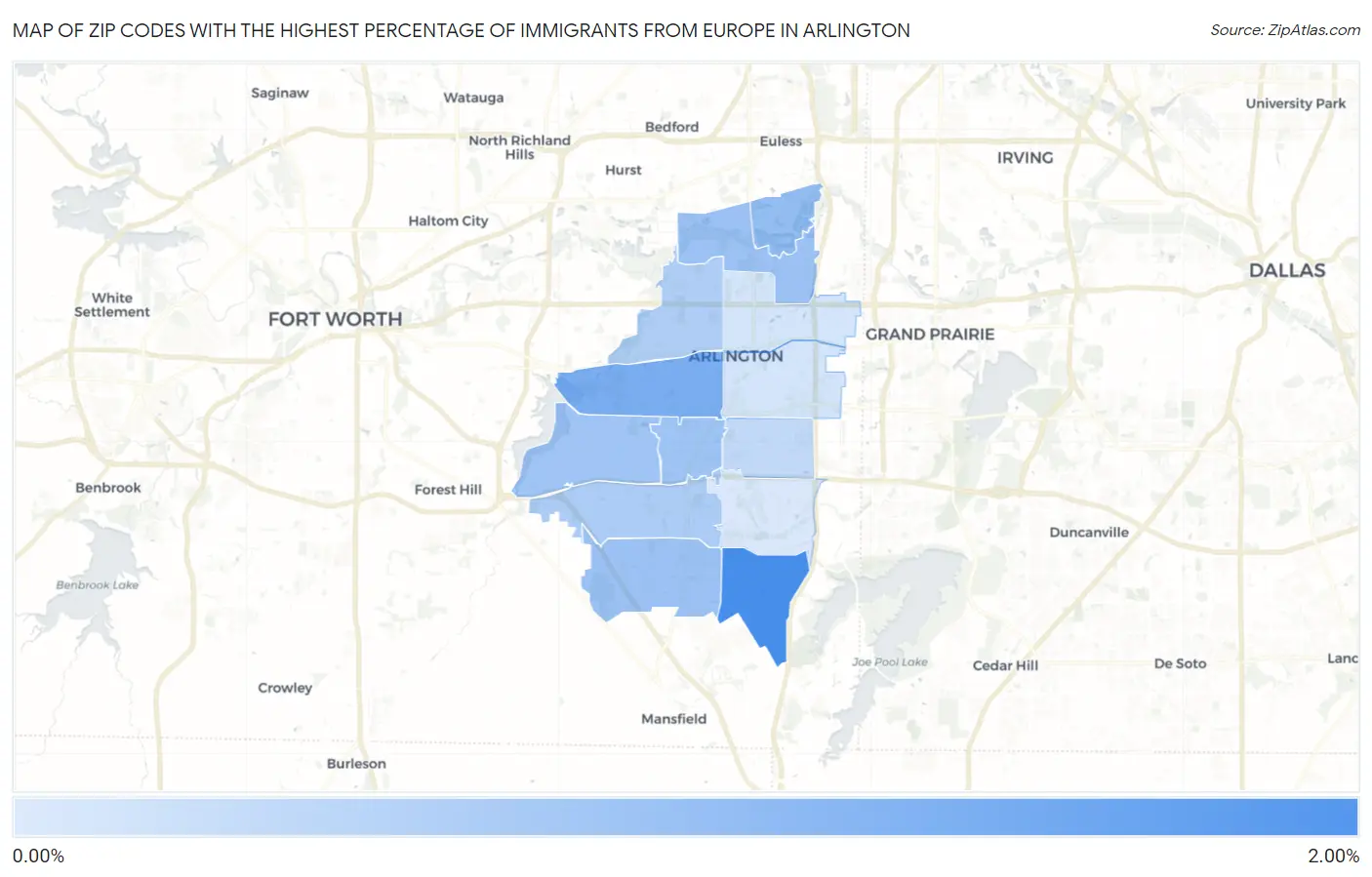 Zip Codes with the Highest Percentage of Immigrants from Europe in Arlington Map