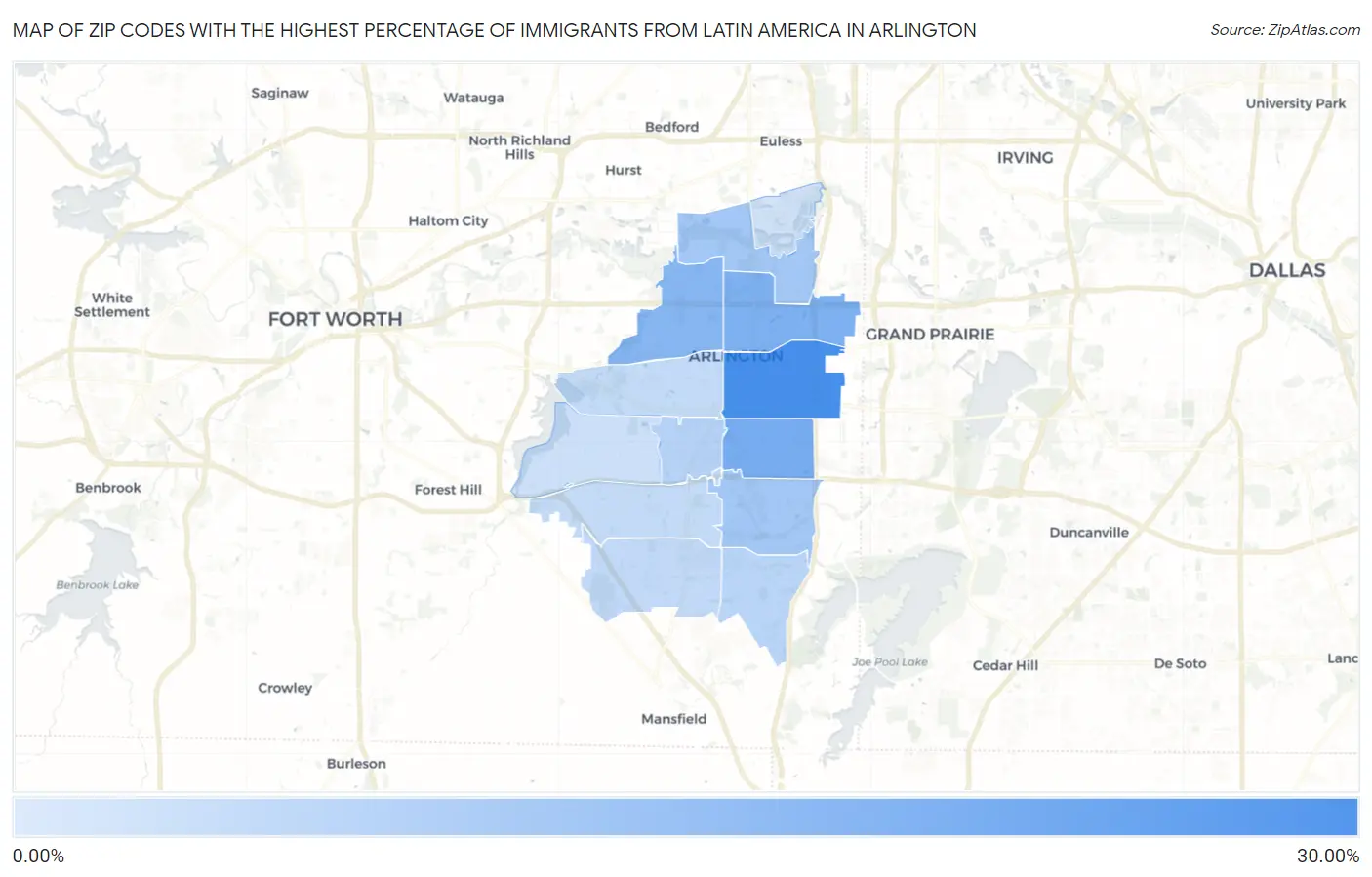Zip Codes with the Highest Percentage of Immigrants from Latin America in Arlington Map