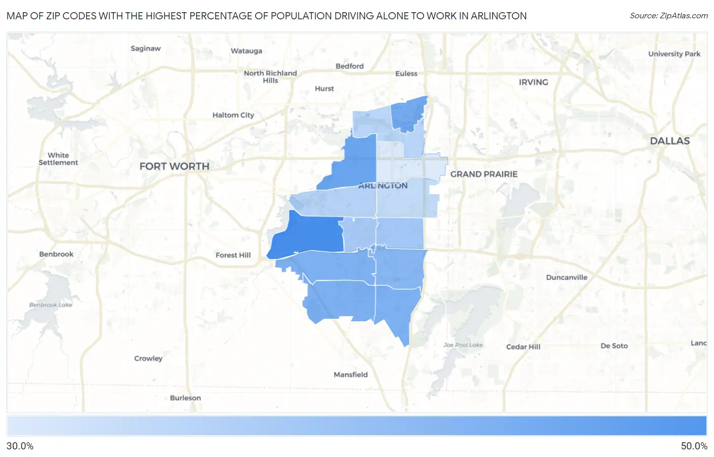 Zip Codes with the Highest Percentage of Population Driving Alone to Work in Arlington Map