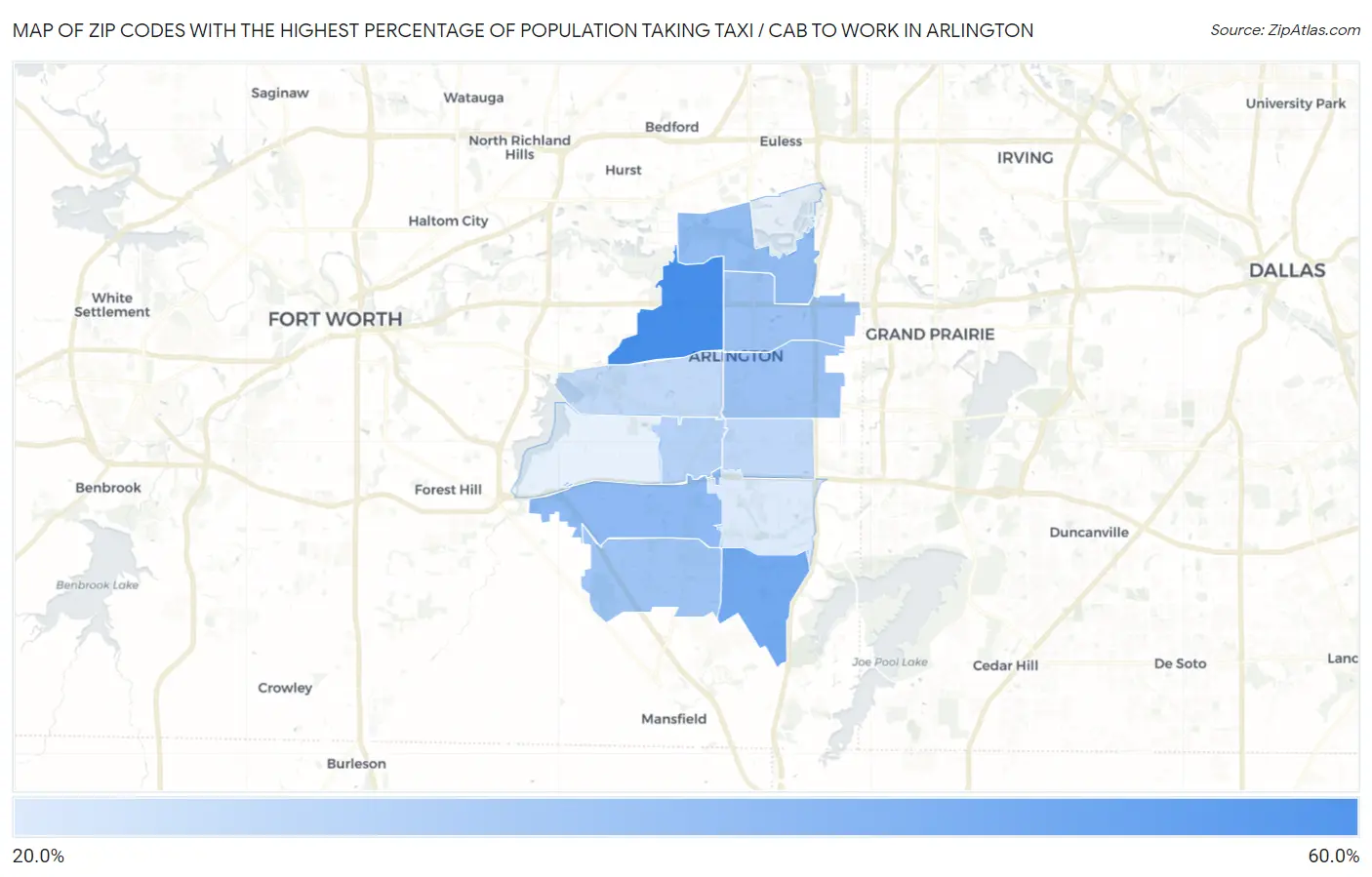 Zip Codes with the Highest Percentage of Population Taking Taxi / Cab to Work in Arlington Map