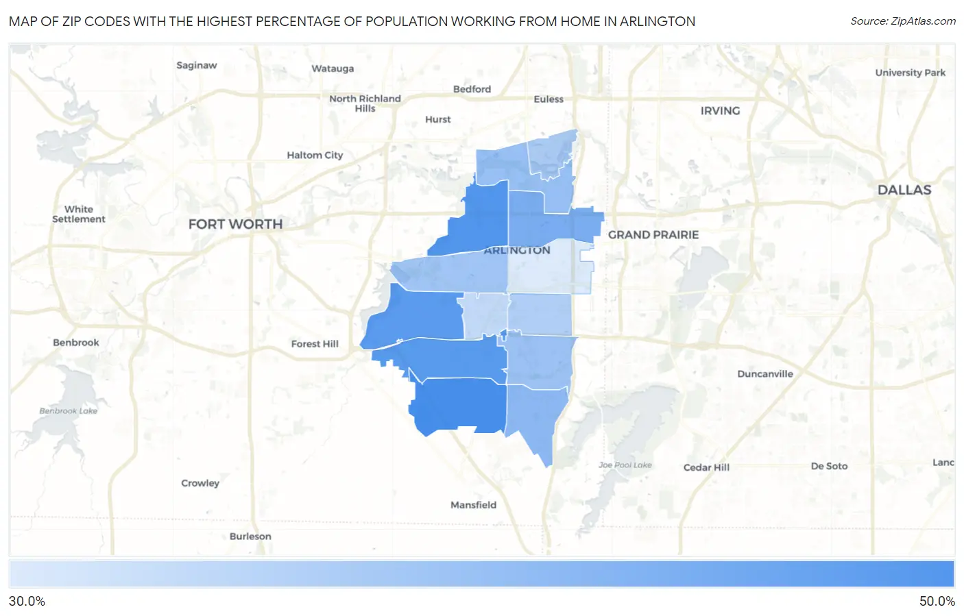 Zip Codes with the Highest Percentage of Population Working from Home in Arlington Map