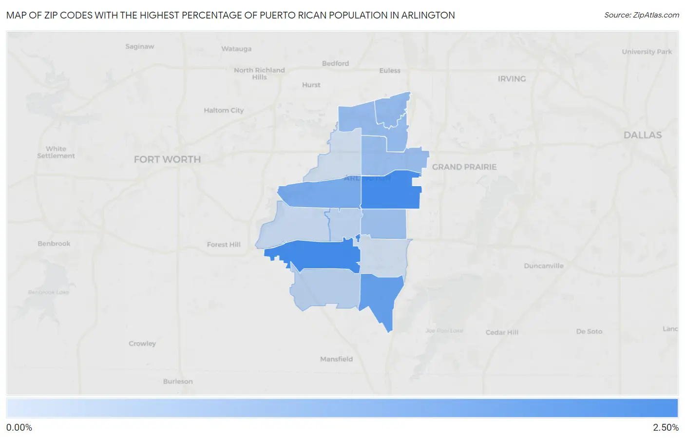 Zip Codes with the Highest Percentage of Puerto Rican Population in Arlington Map