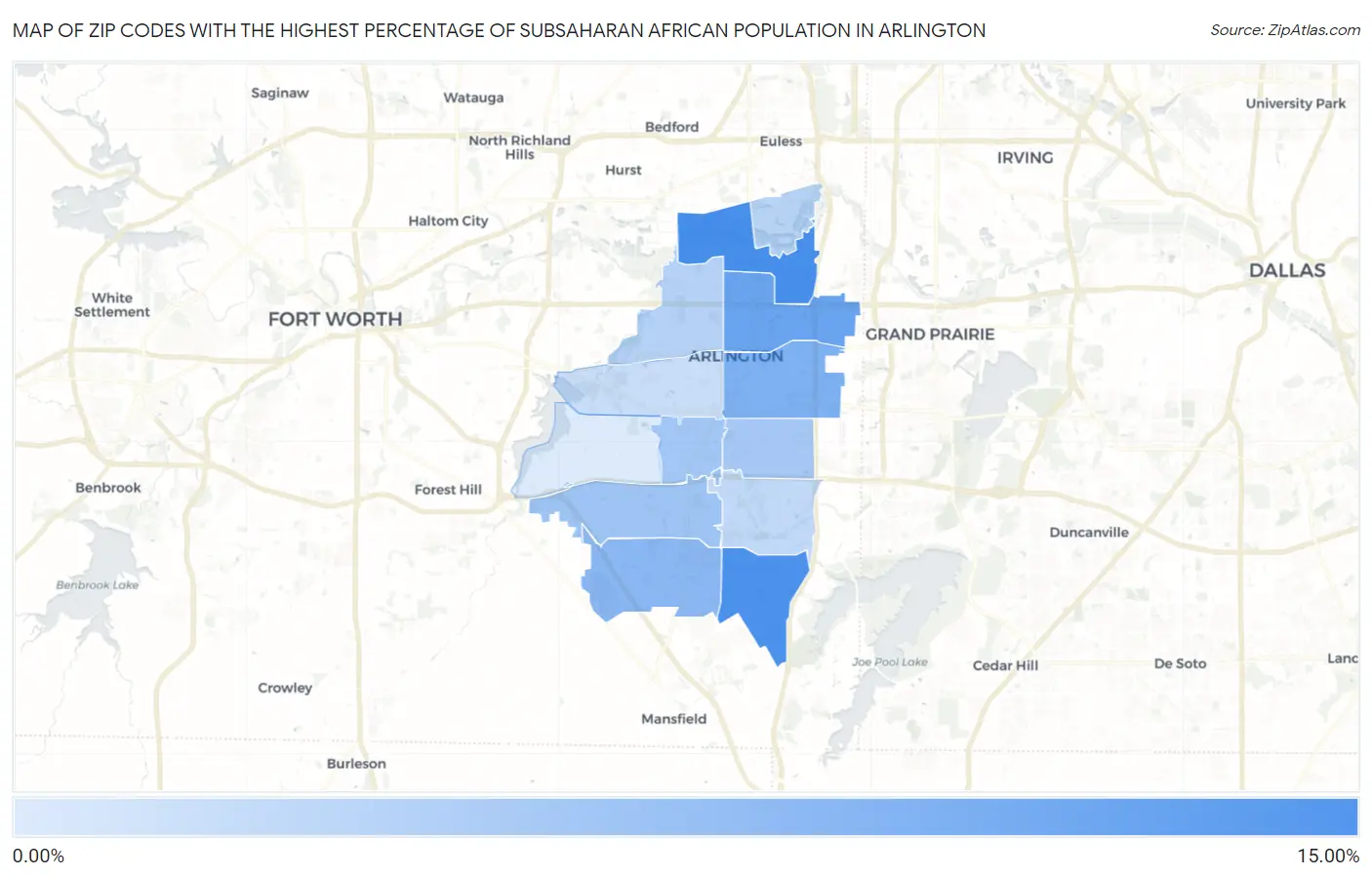 Zip Codes with the Highest Percentage of Subsaharan African Population in Arlington Map