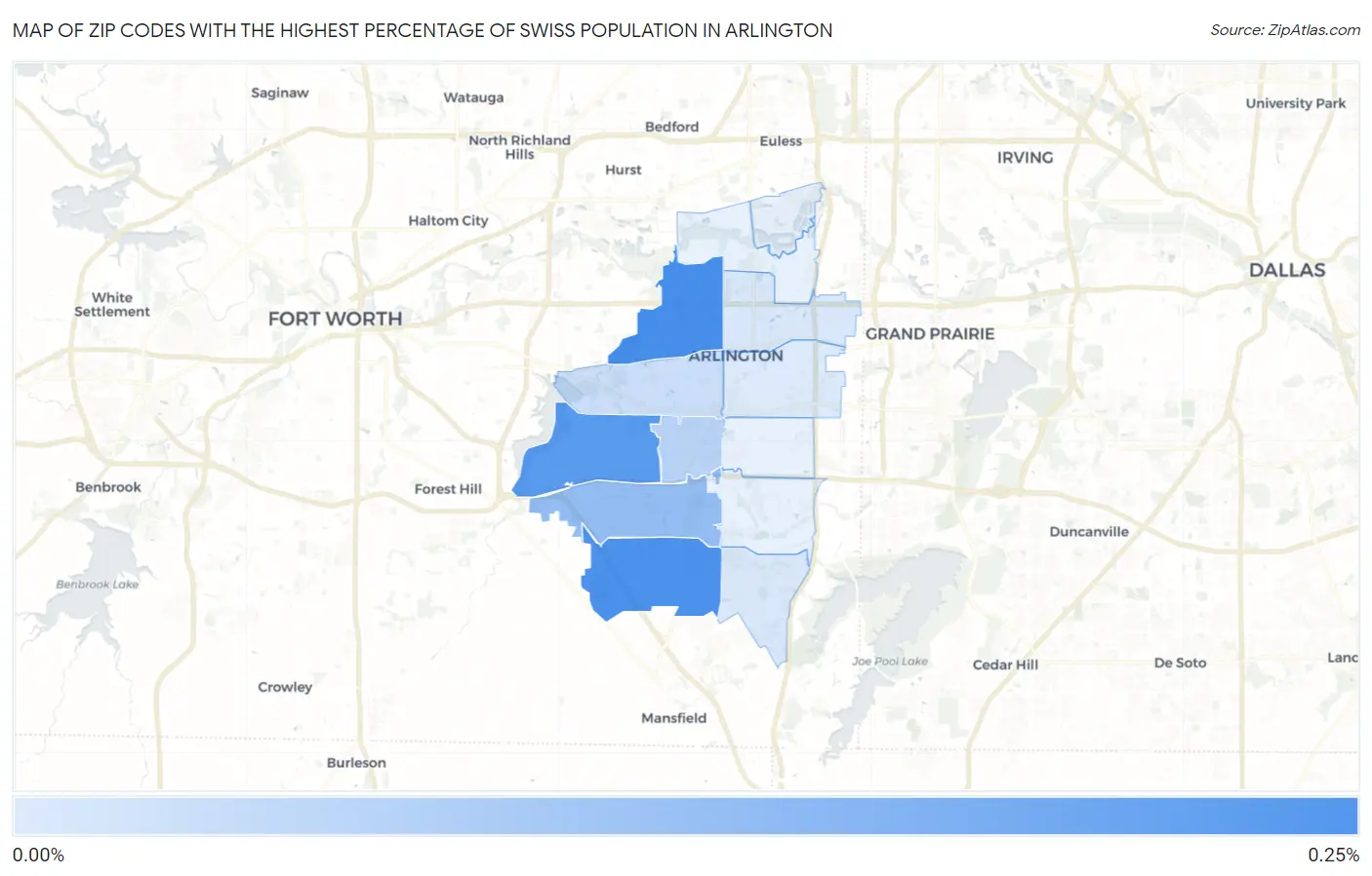 Zip Codes with the Highest Percentage of Swiss Population in Arlington Map