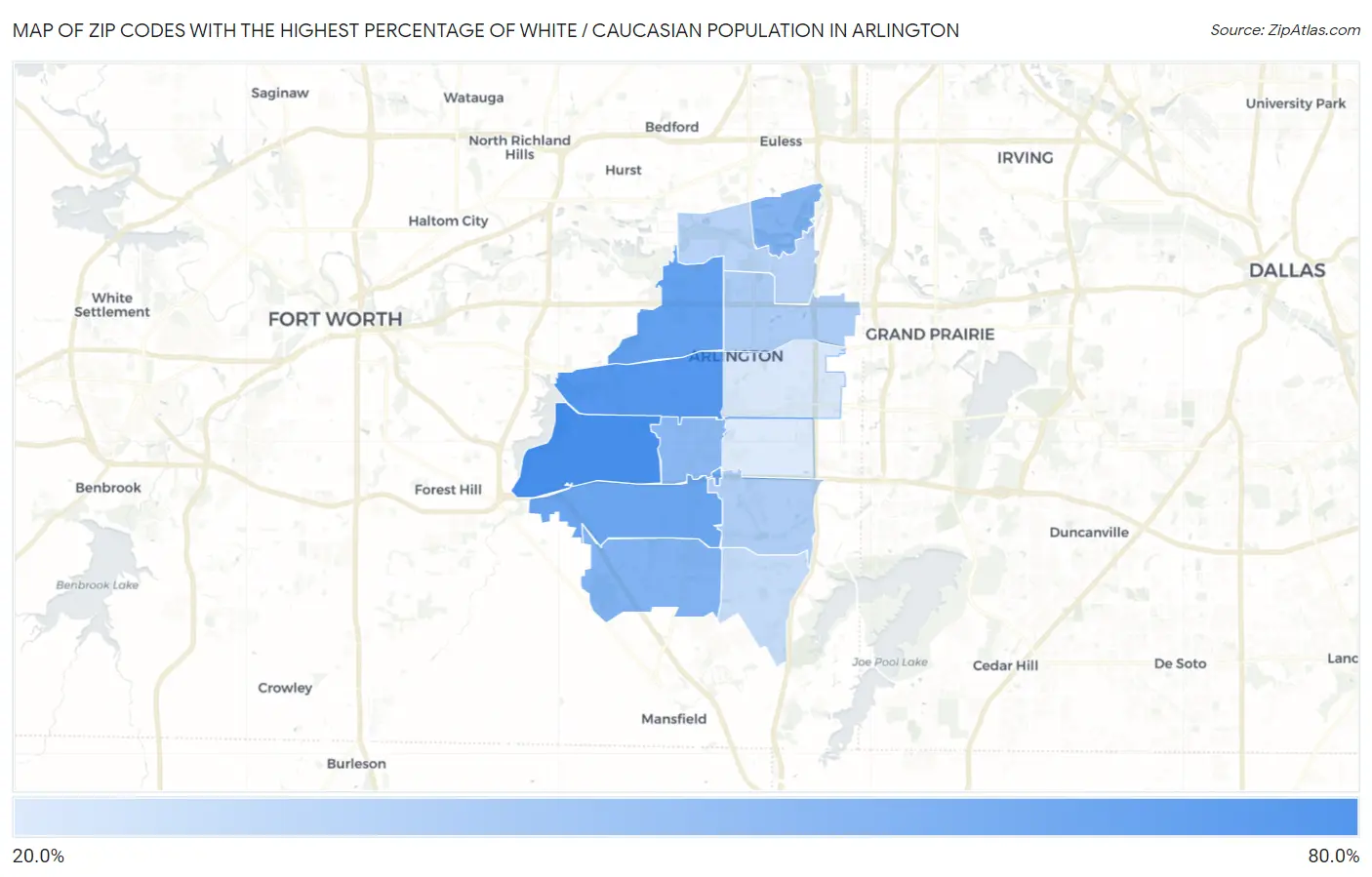 Zip Codes with the Highest Percentage of White / Caucasian Population in Arlington Map
