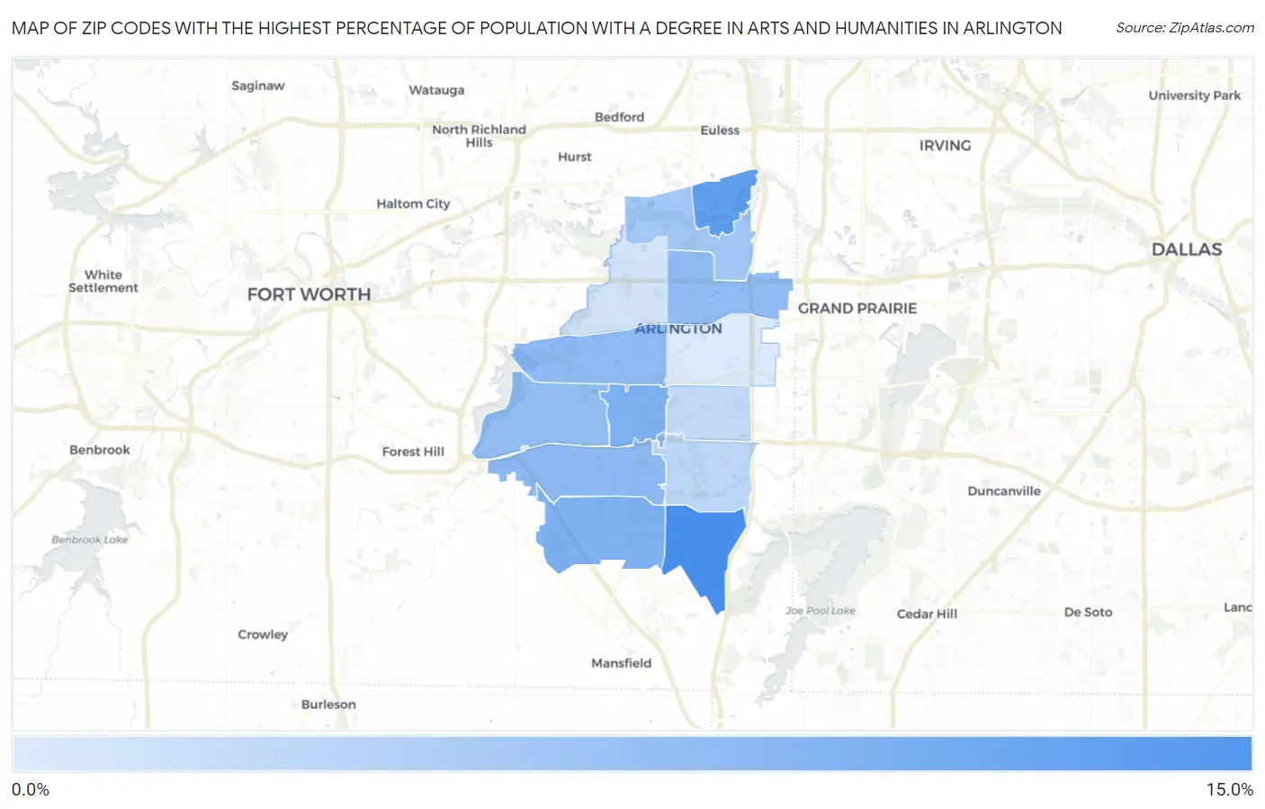 Zip Codes with the Highest Percentage of Population with a Degree in Arts and Humanities in Arlington Map