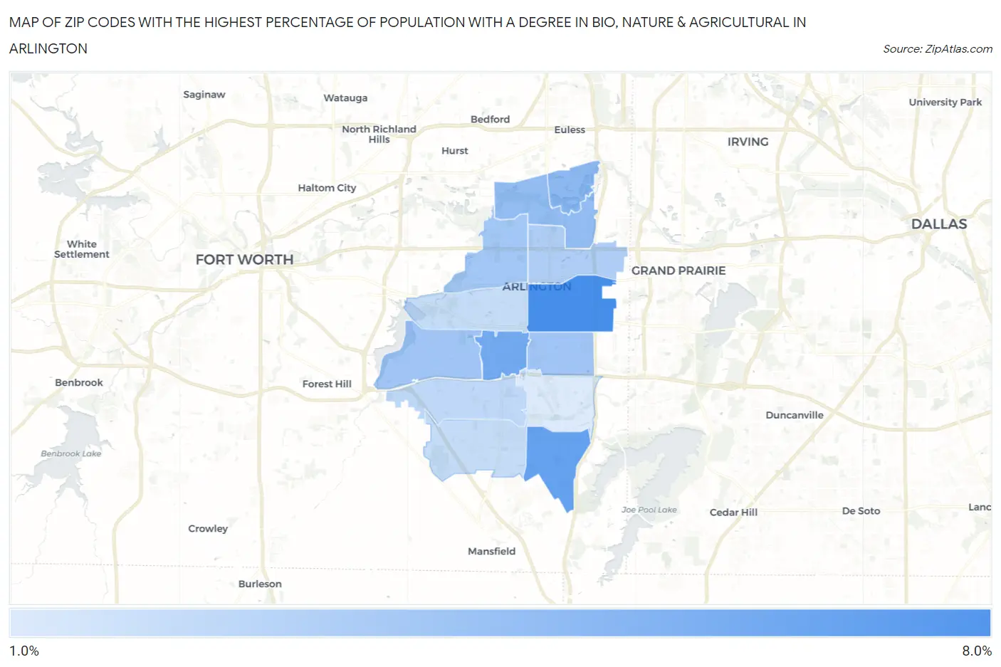 Zip Codes with the Highest Percentage of Population with a Degree in Bio, Nature & Agricultural in Arlington Map