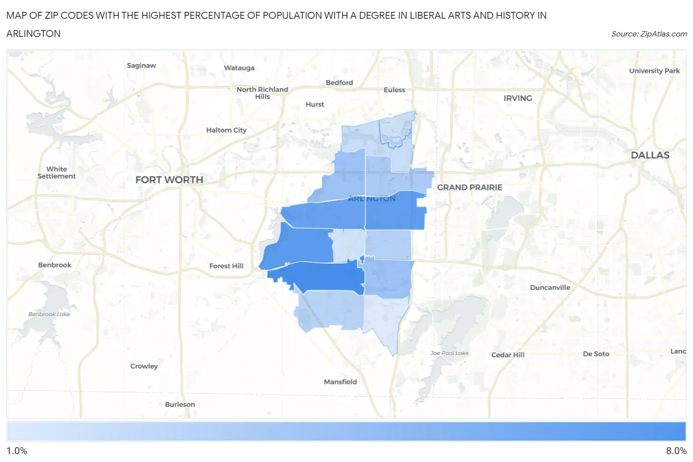 Zip Codes with the Highest Percentage of Population with a Degree in Liberal Arts and History in Arlington Map