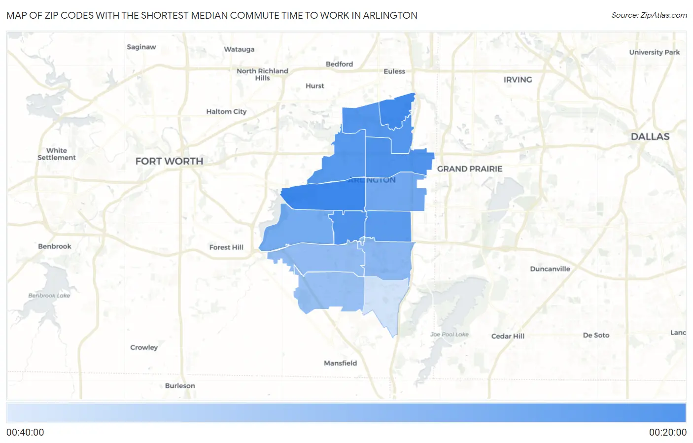 Zip Codes with the Shortest Median Commute Time to Work in Arlington Map