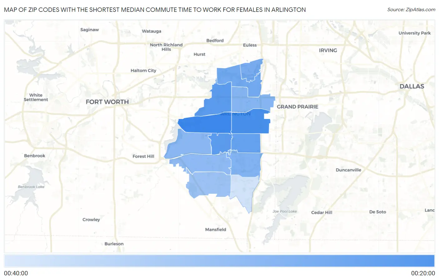 Zip Codes with the Shortest Median Commute Time to Work for Females in Arlington Map