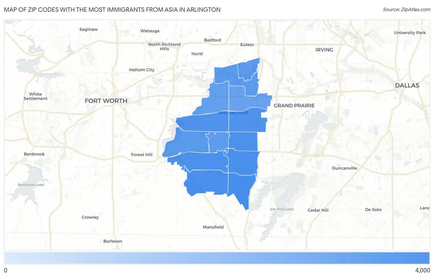 Zip Codes with the Most Immigrants from Asia in Arlington Map