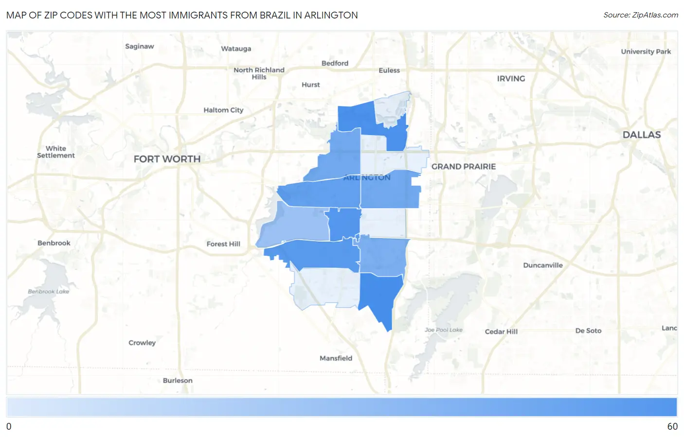 Zip Codes with the Most Immigrants from Brazil in Arlington Map