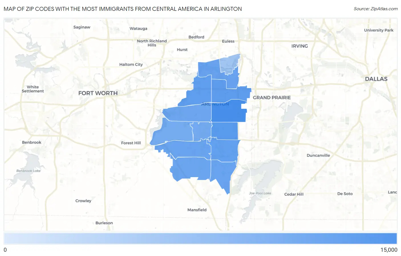 Zip Codes with the Most Immigrants from Central America in Arlington Map