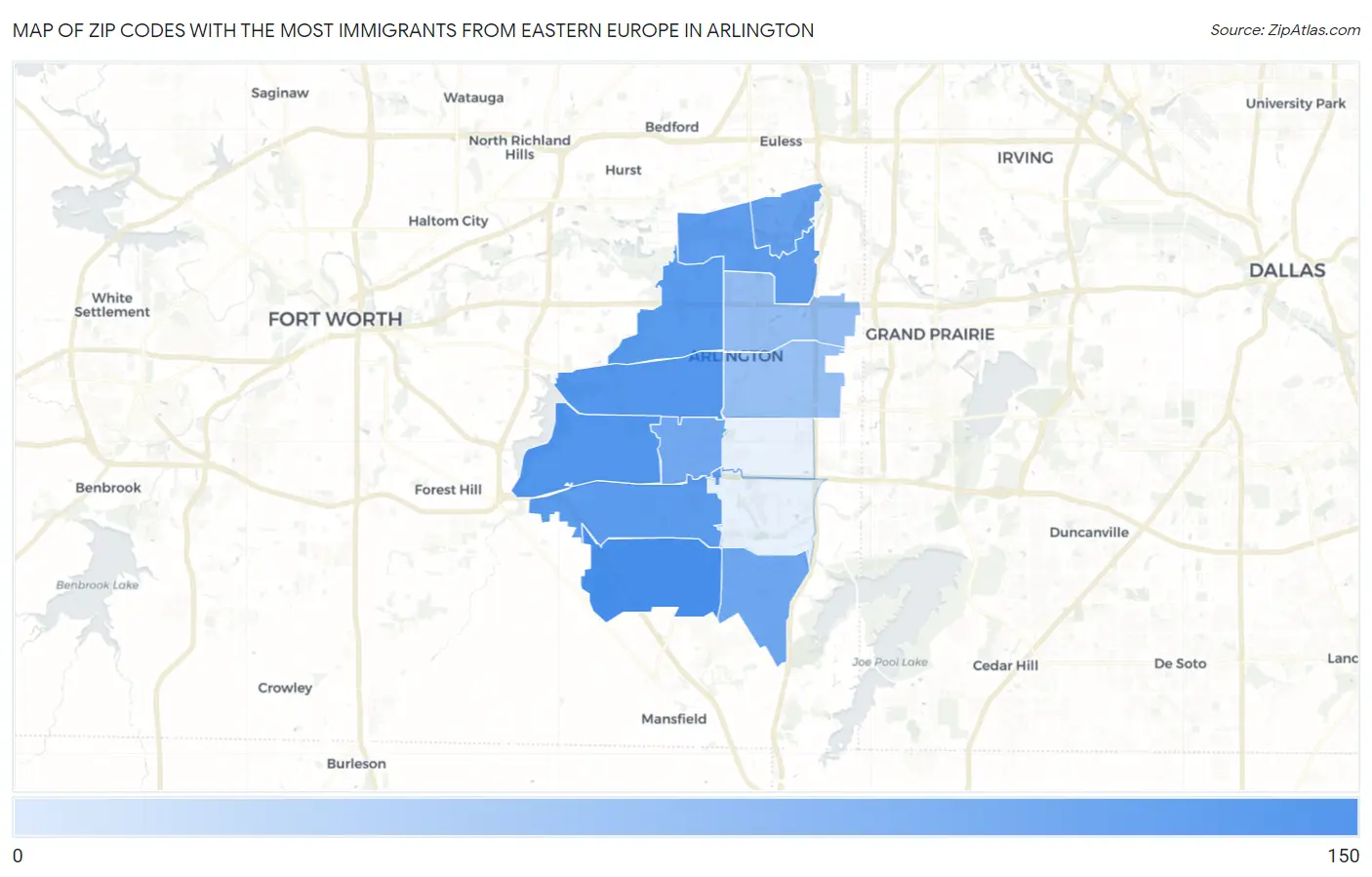 Zip Codes with the Most Immigrants from Eastern Europe in Arlington Map