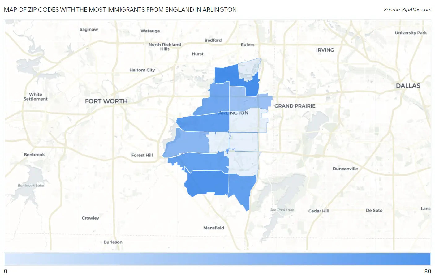 Zip Codes with the Most Immigrants from England in Arlington Map