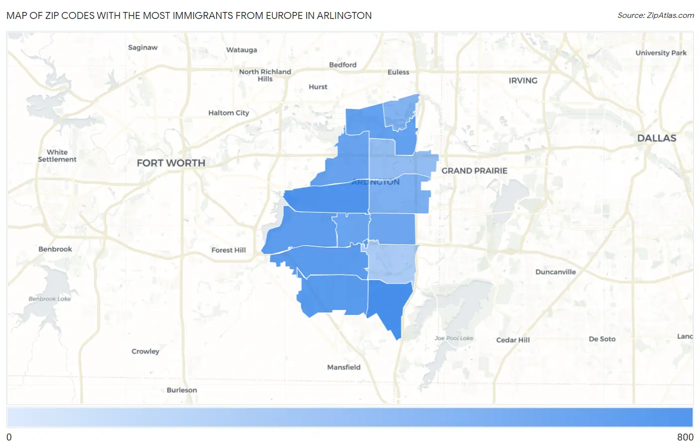 Zip Codes with the Most Immigrants from Europe in Arlington Map
