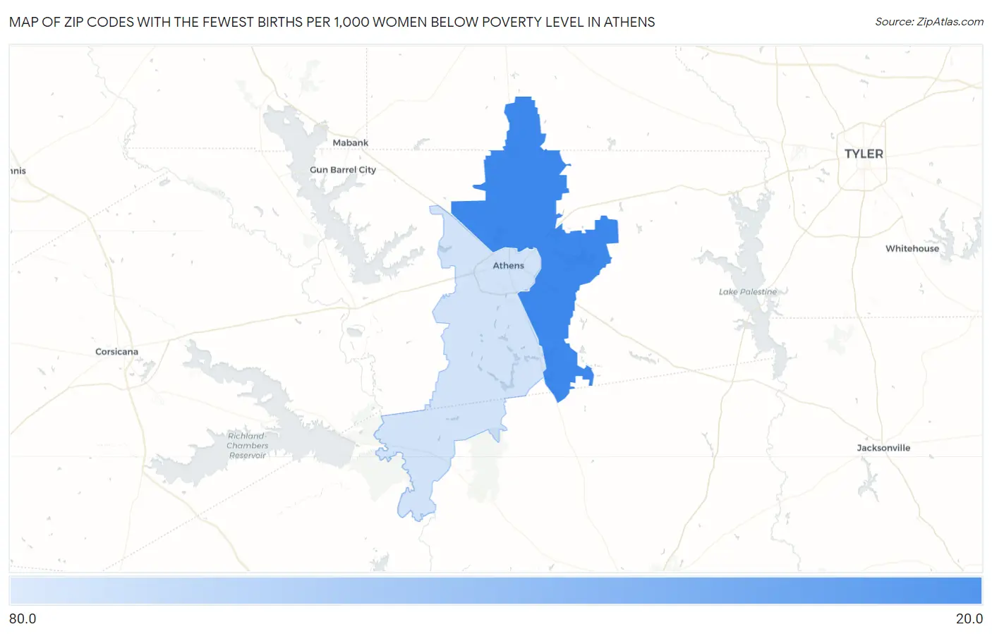 Zip Codes with the Fewest Births per 1,000 Women Below Poverty Level in Athens Map