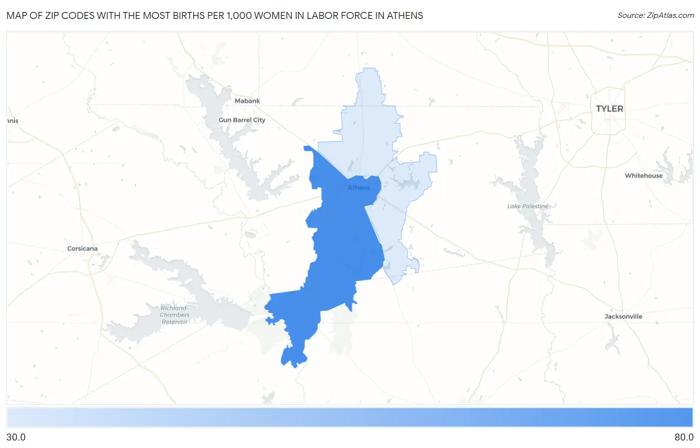 Zip Codes with the Most Births per 1,000 Women in Labor Force in Athens Map
