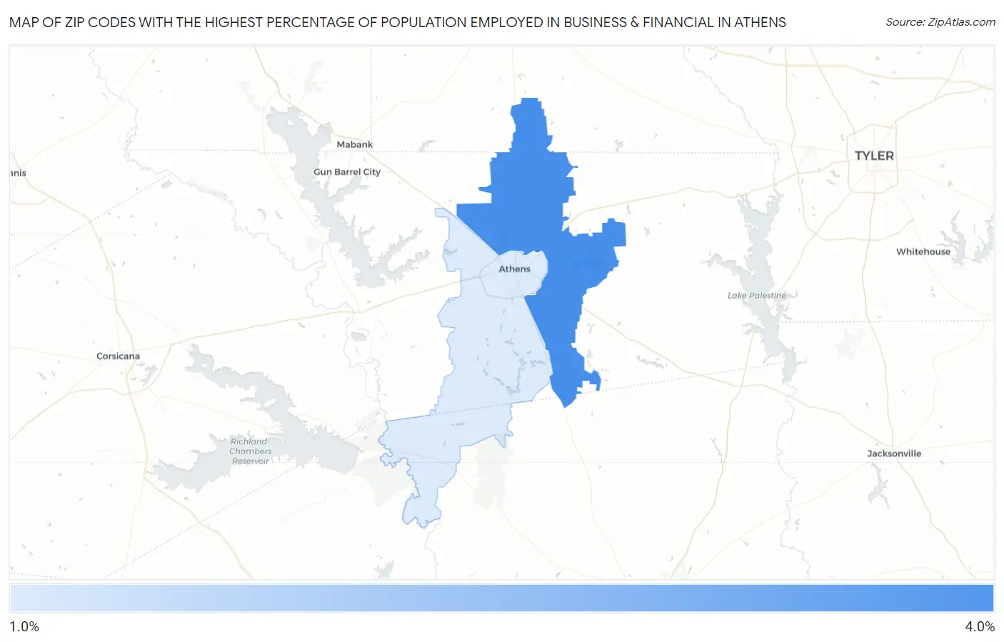 Zip Codes with the Highest Percentage of Population Employed in Business & Financial in Athens Map