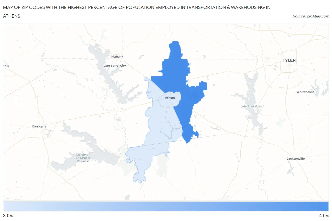 Zip Codes with the Highest Percentage of Population Employed in Transportation & Warehousing in Athens Map