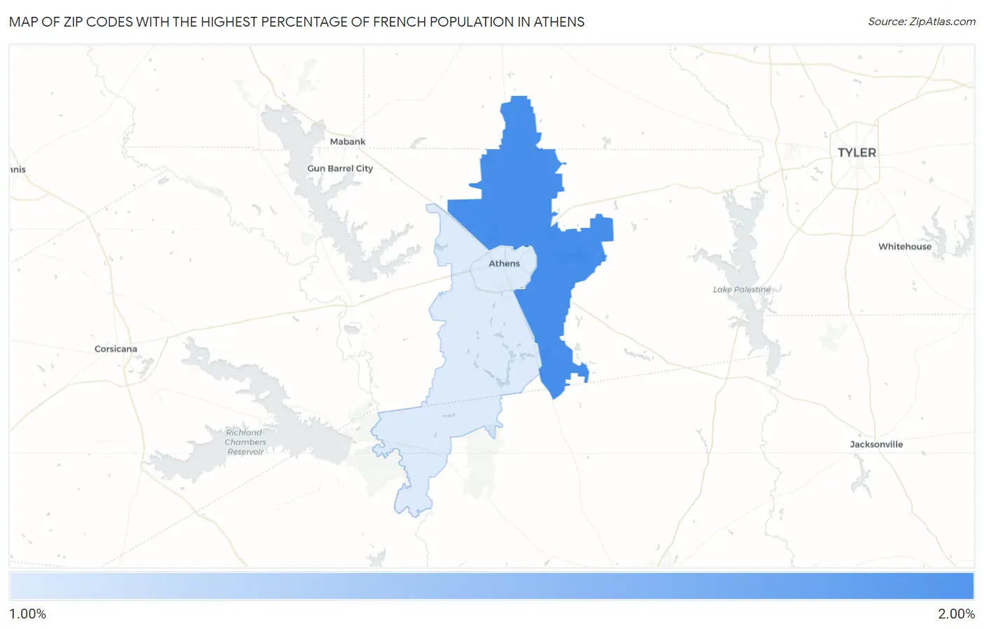 Zip Codes with the Highest Percentage of French Population in Athens Map