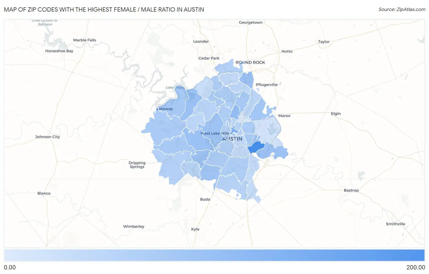 Zip Codes with the Highest Female / Male Ratio in Austin Map