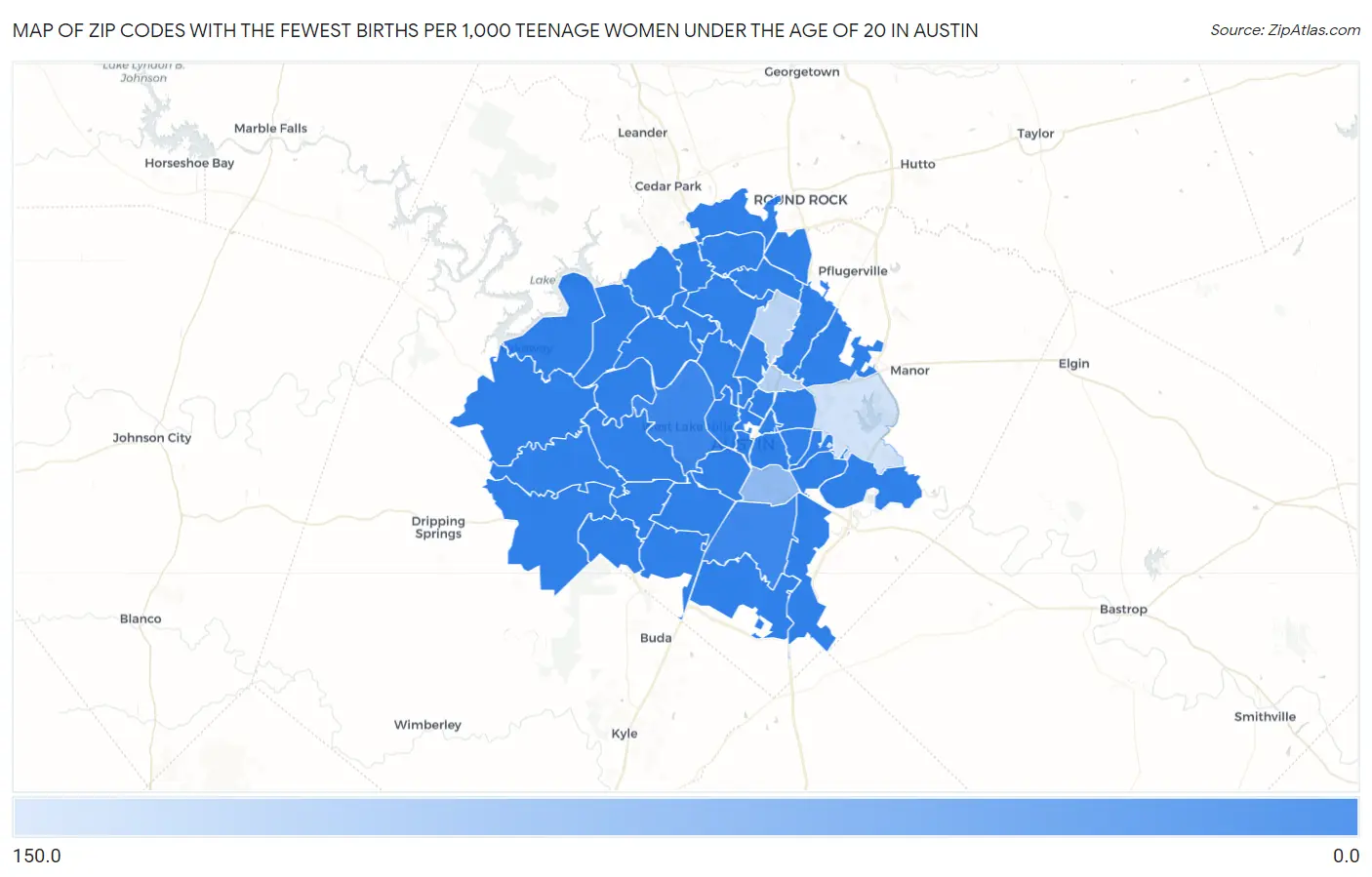 Zip Codes with the Fewest Births per 1,000 Teenage Women Under the Age of 20 in Austin Map
