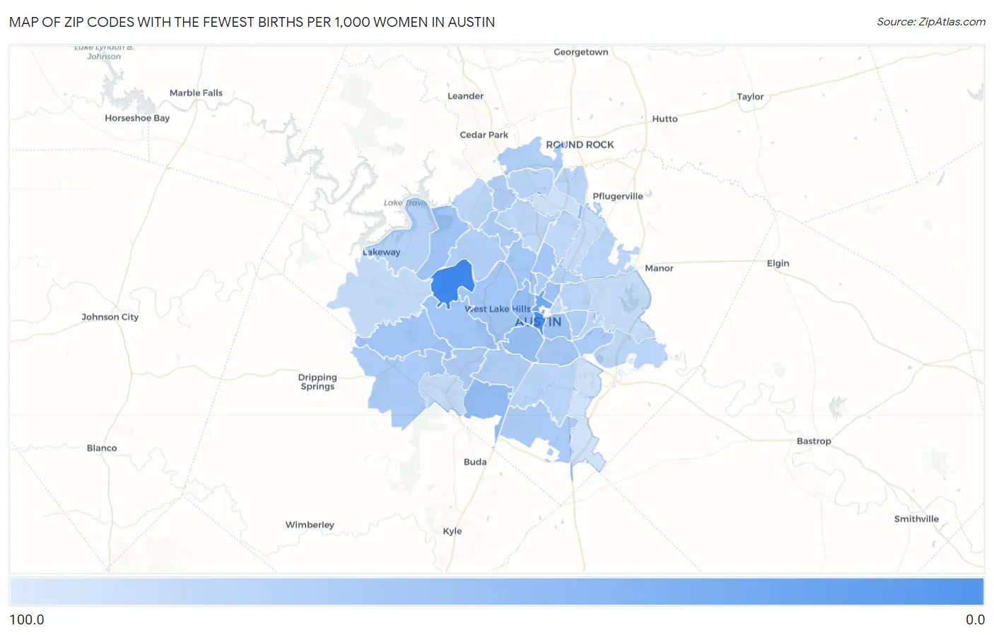 Zip Codes with the Fewest Births per 1,000 Women in Austin Map