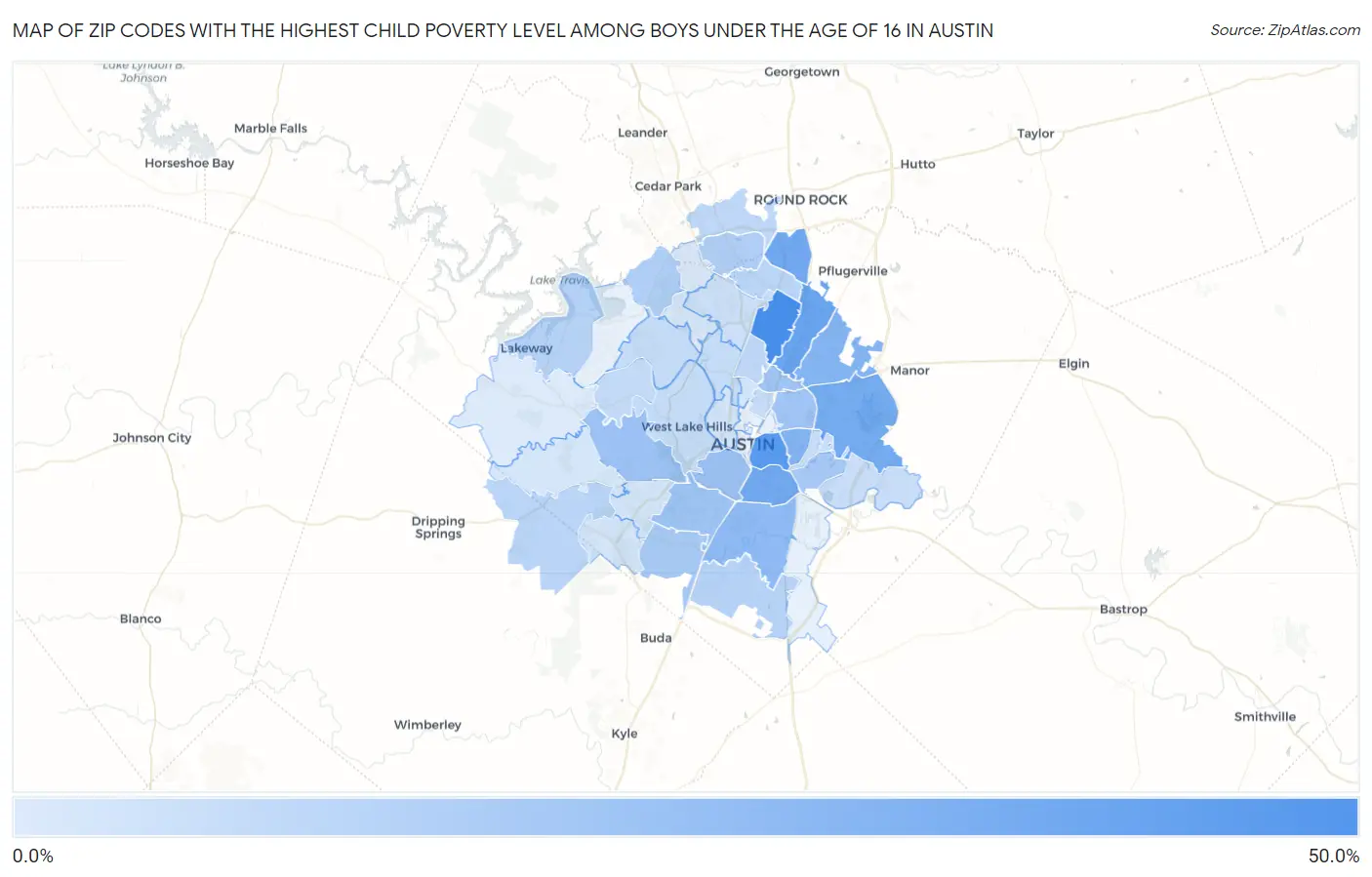 Zip Codes with the Highest Child Poverty Level Among Boys Under the Age of 16 in Austin Map