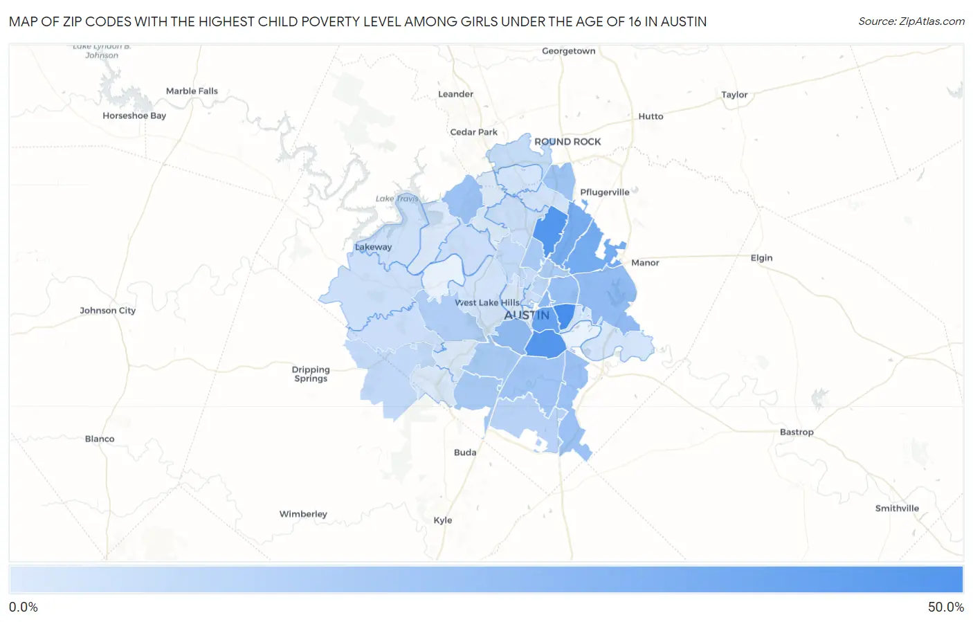 Zip Codes with the Highest Child Poverty Level Among Girls Under the Age of 16 in Austin Map