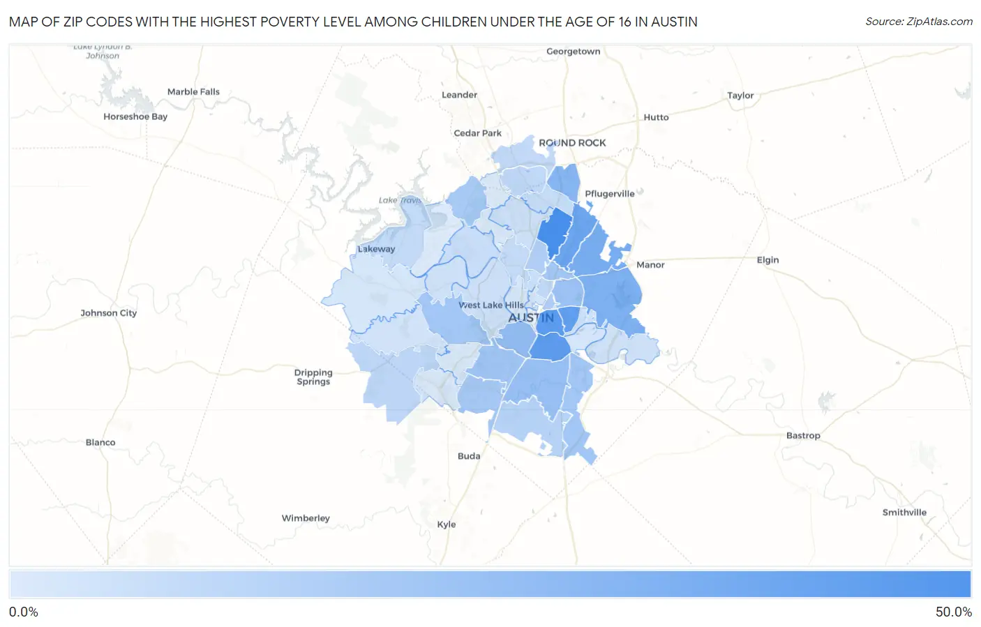 Zip Codes with the Highest Poverty Level Among Children Under the Age of 16 in Austin Map