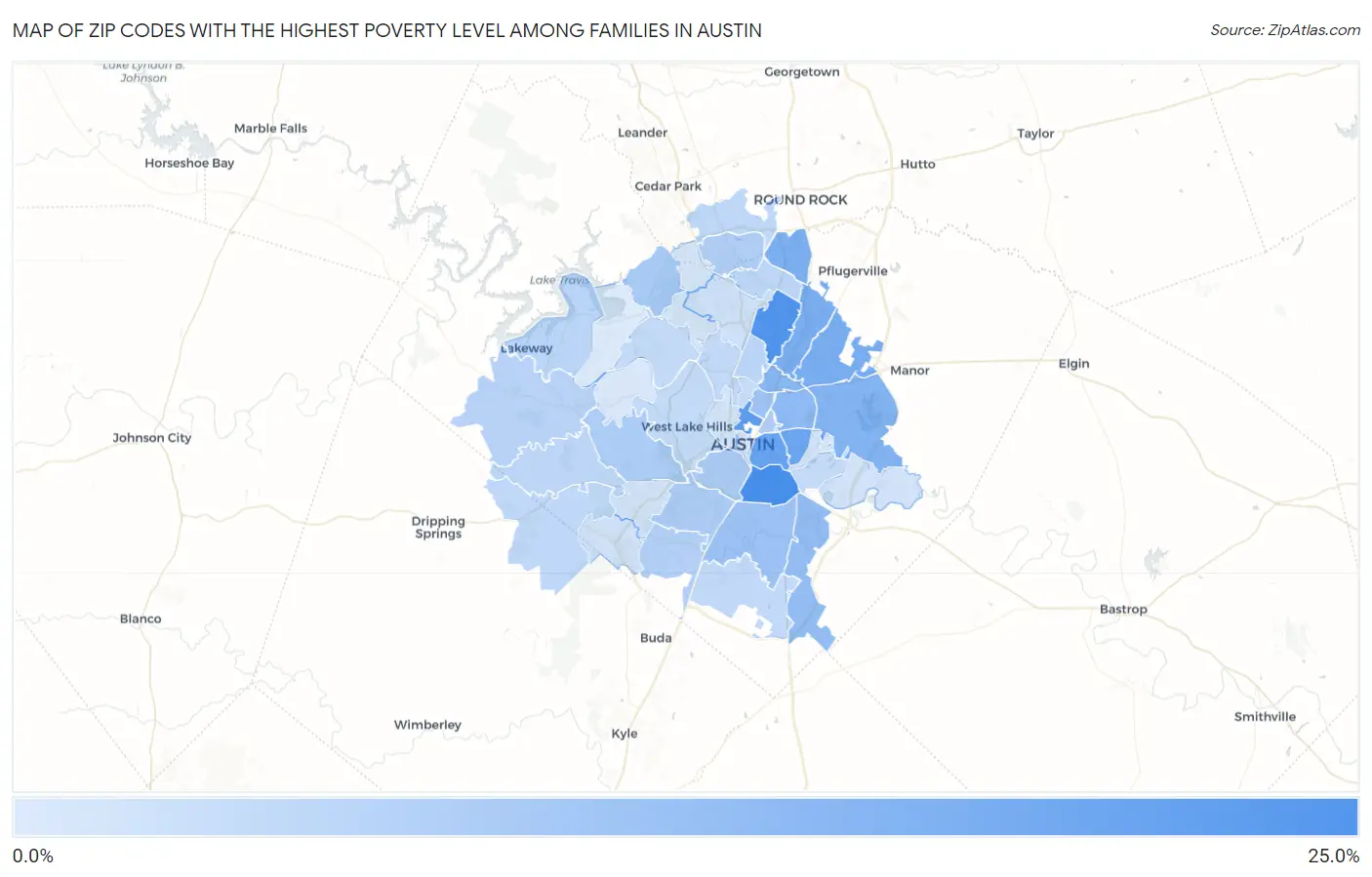Zip Codes with the Highest Poverty Level Among Families in Austin Map