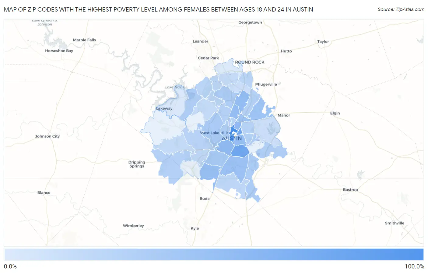 Zip Codes with the Highest Poverty Level Among Females Between Ages 18 and 24 in Austin Map