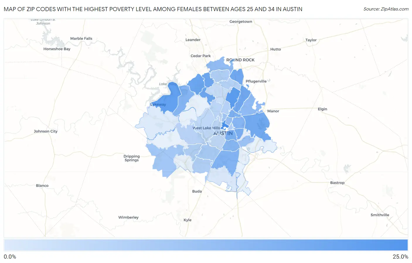 Zip Codes with the Highest Poverty Level Among Females Between Ages 25 and 34 in Austin Map