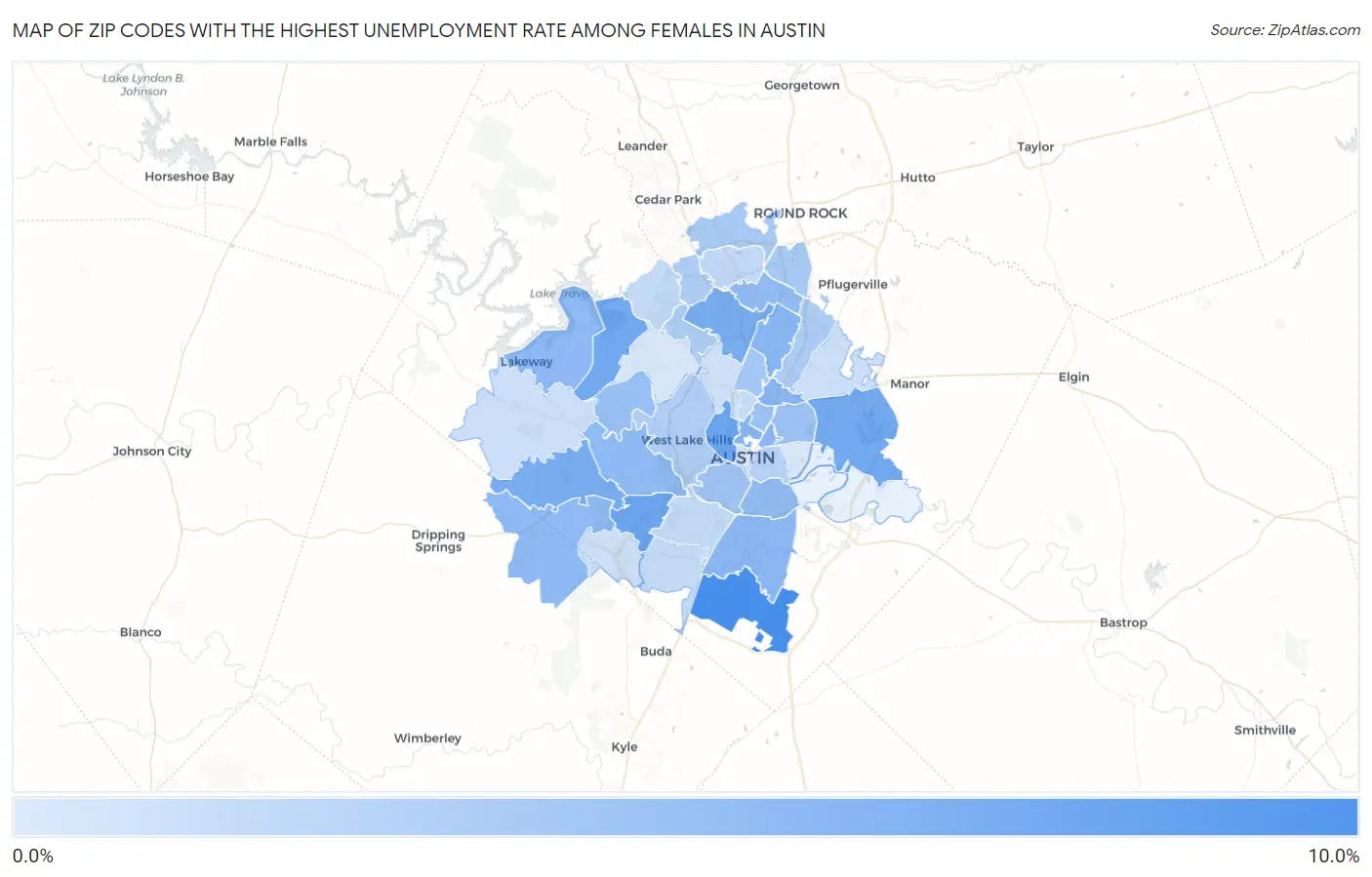 Zip Codes with the Highest Unemployment Rate Among Females in Austin Map