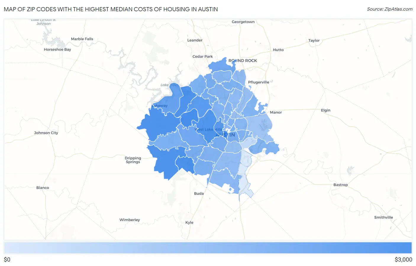 Zip Codes with the Highest Median Costs of Housing in Austin Map