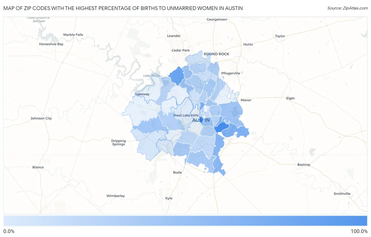 Zip Codes with the Highest Percentage of Births to Unmarried Women in Austin Map