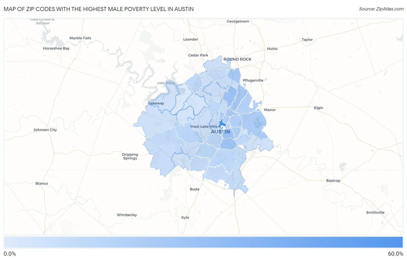 Zip Codes with the Highest Male Poverty Level in Austin Map