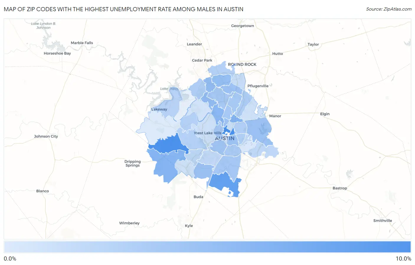 Zip Codes with the Highest Unemployment Rate Among Males in Austin Map