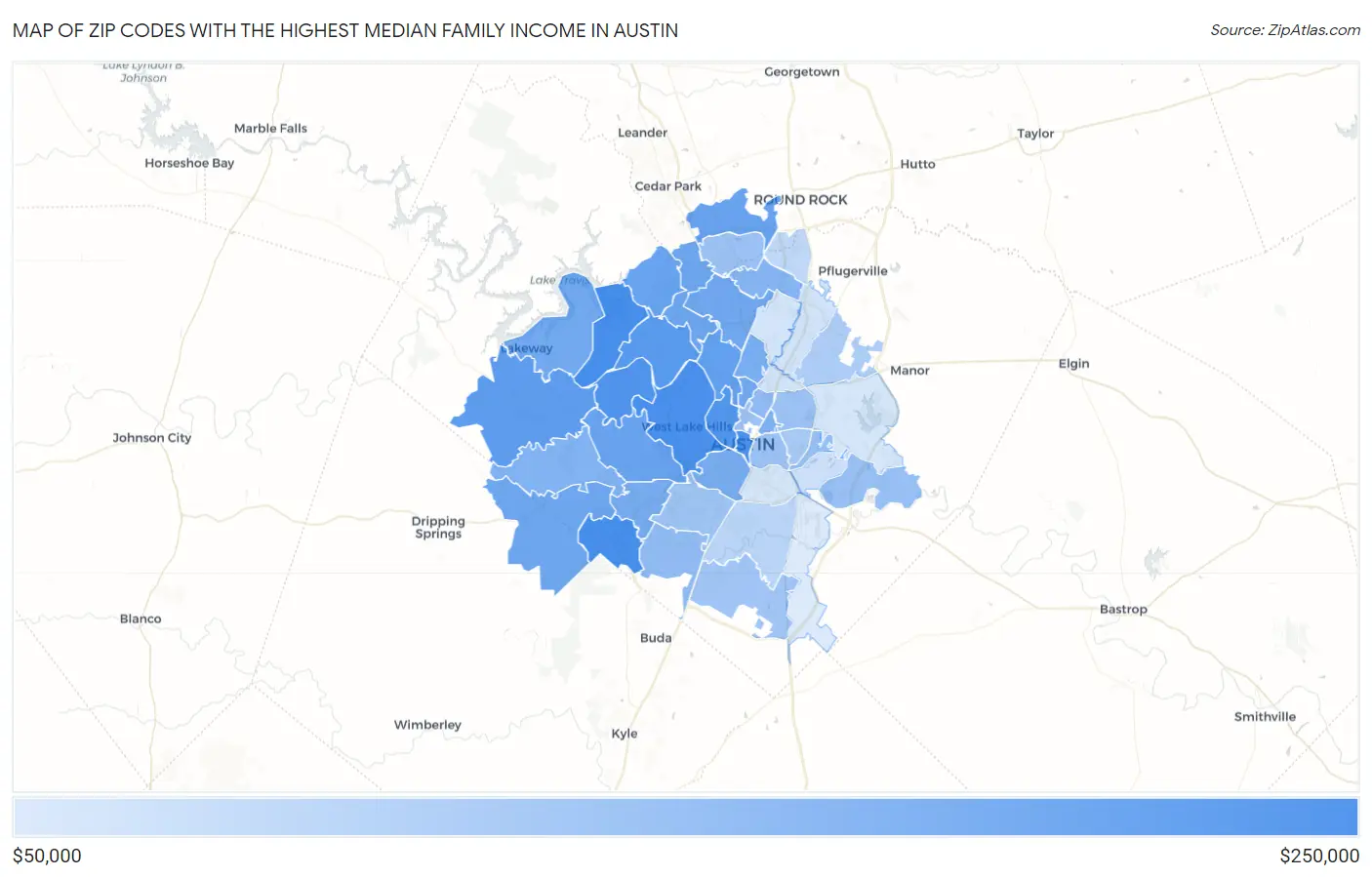 Zip Codes with the Highest Median Family Income in Austin Map
