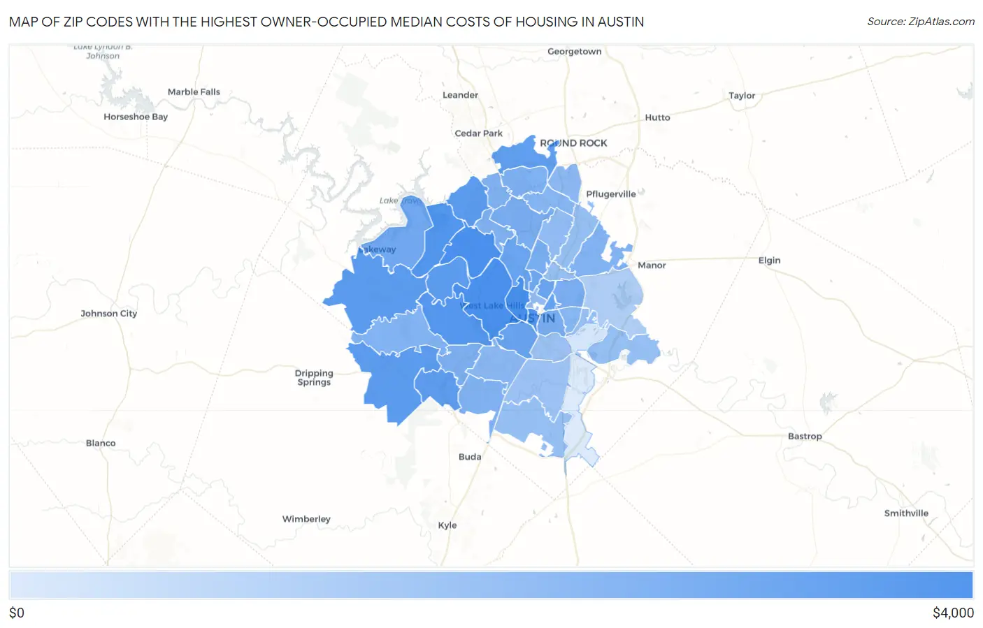 Zip Codes with the Highest Owner-Occupied Median Costs of Housing in Austin Map