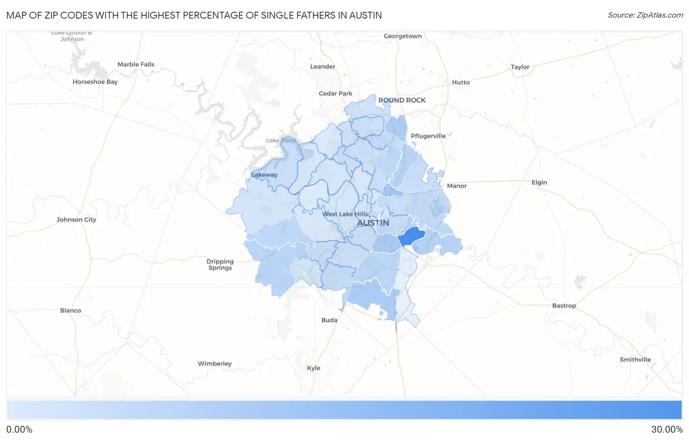Zip Codes with the Highest Percentage of Single Fathers in Austin Map
