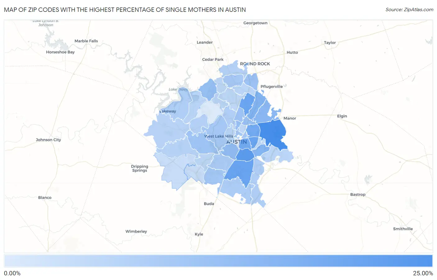 Zip Codes with the Highest Percentage of Single Mothers in Austin Map