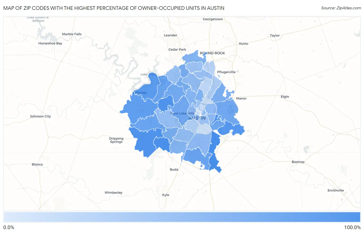 Zip Codes with the Highest Percentage of Owner-Occupied Units in Austin Map