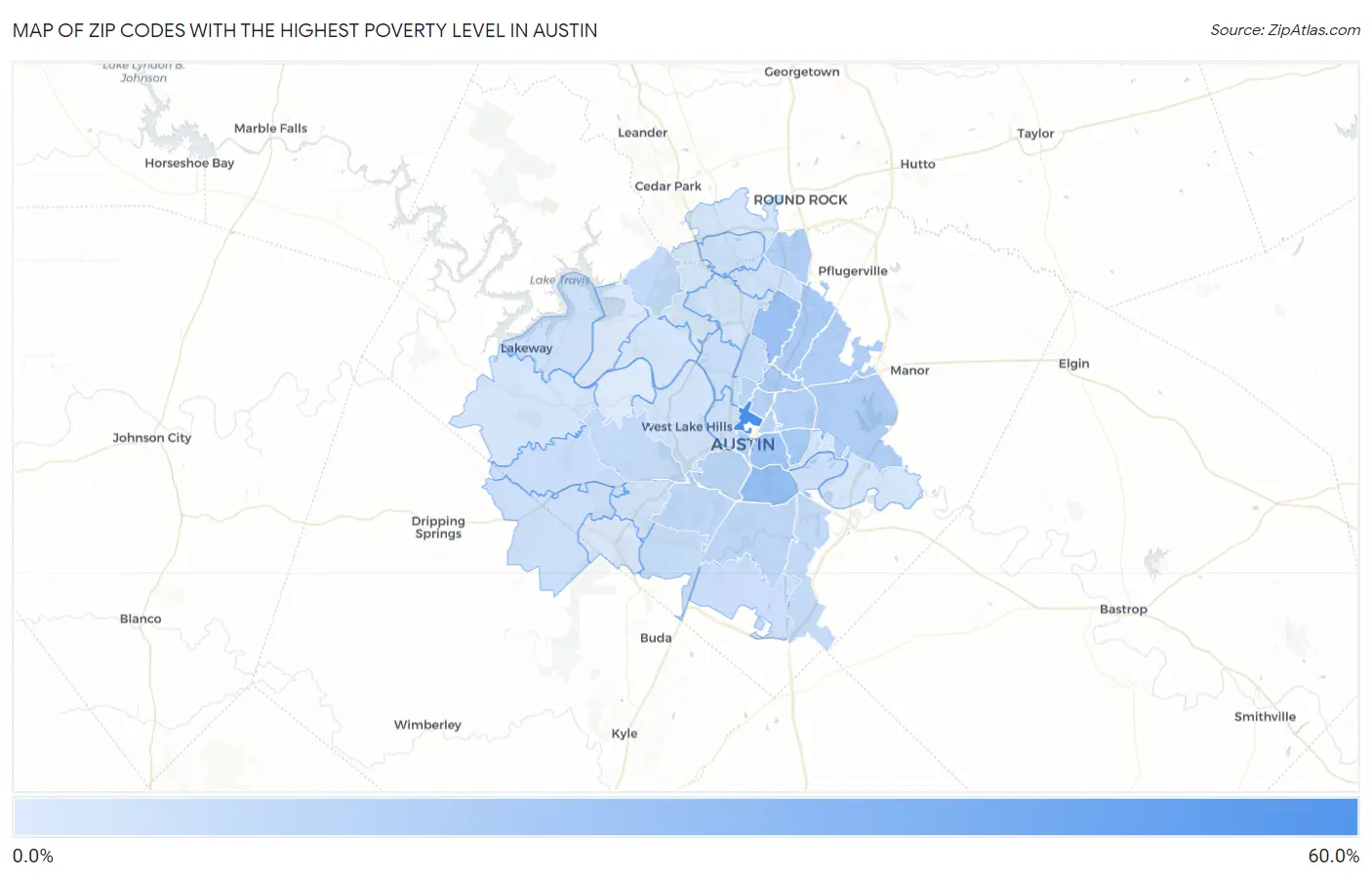 Zip Codes with the Highest Poverty Level in Austin Map