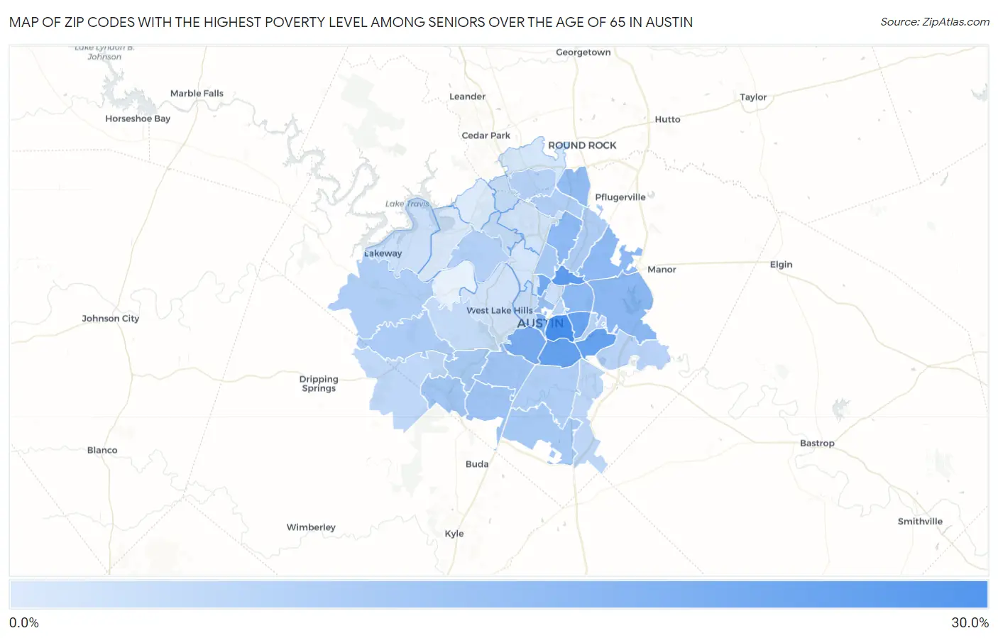 Zip Codes with the Highest Poverty Level Among Seniors Over the Age of 65 in Austin Map