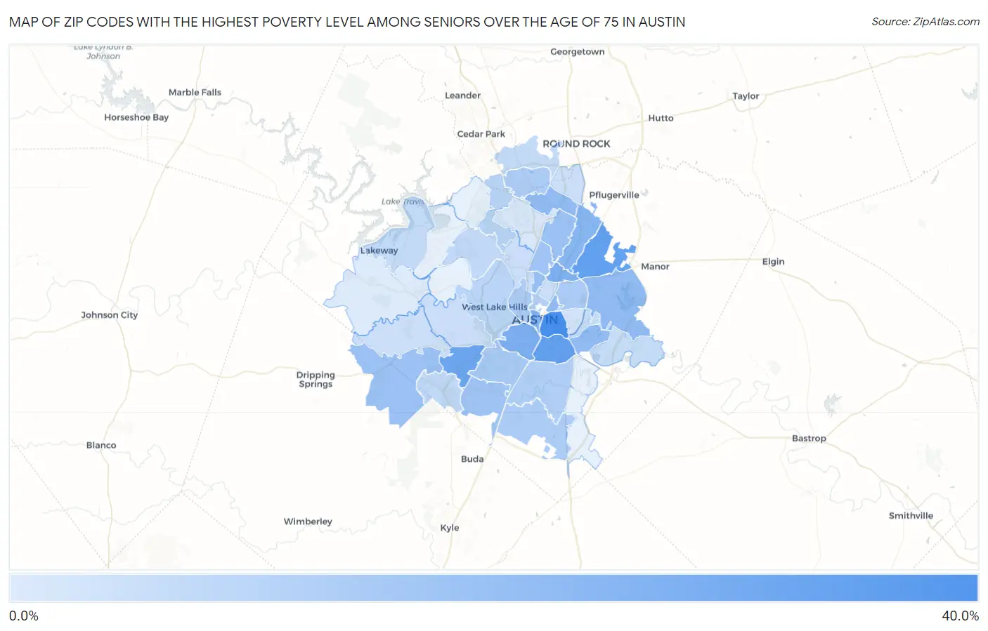Zip Codes with the Highest Poverty Level Among Seniors Over the Age of 75 in Austin Map