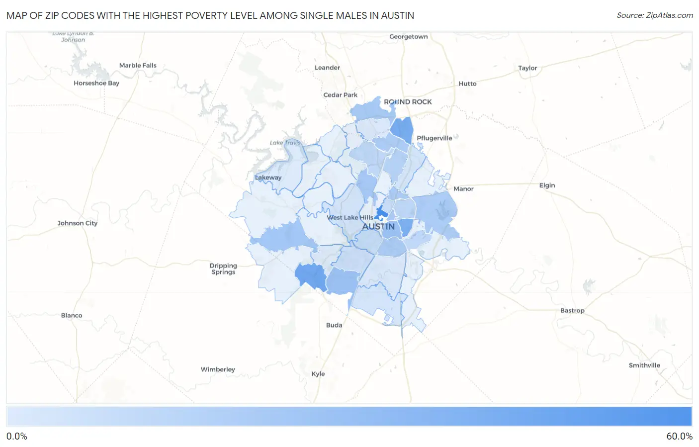 Zip Codes with the Highest Poverty Level Among Single Males in Austin Map