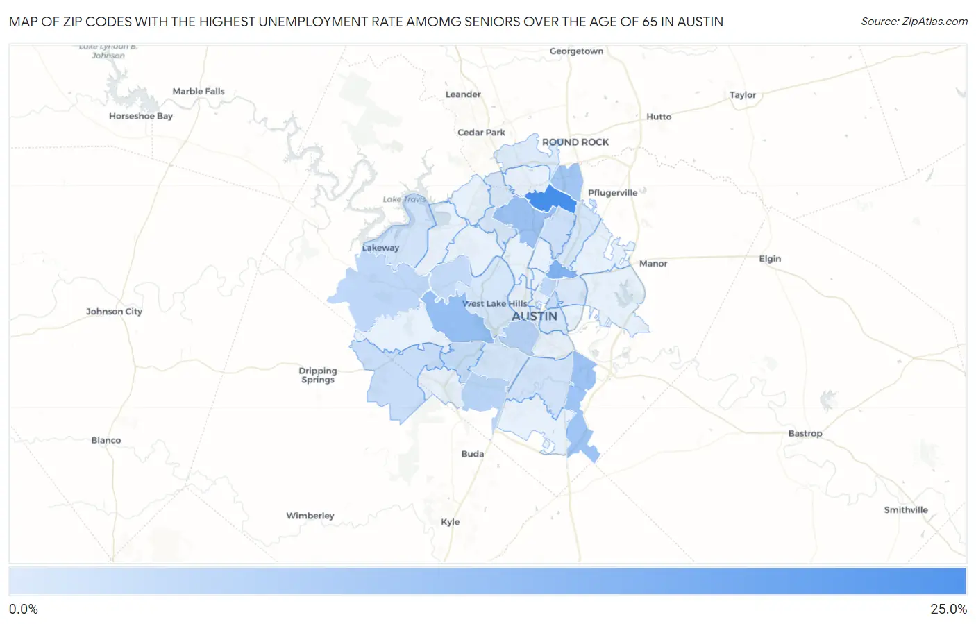Zip Codes with the Highest Unemployment Rate Amomg Seniors Over the Age of 65 in Austin Map