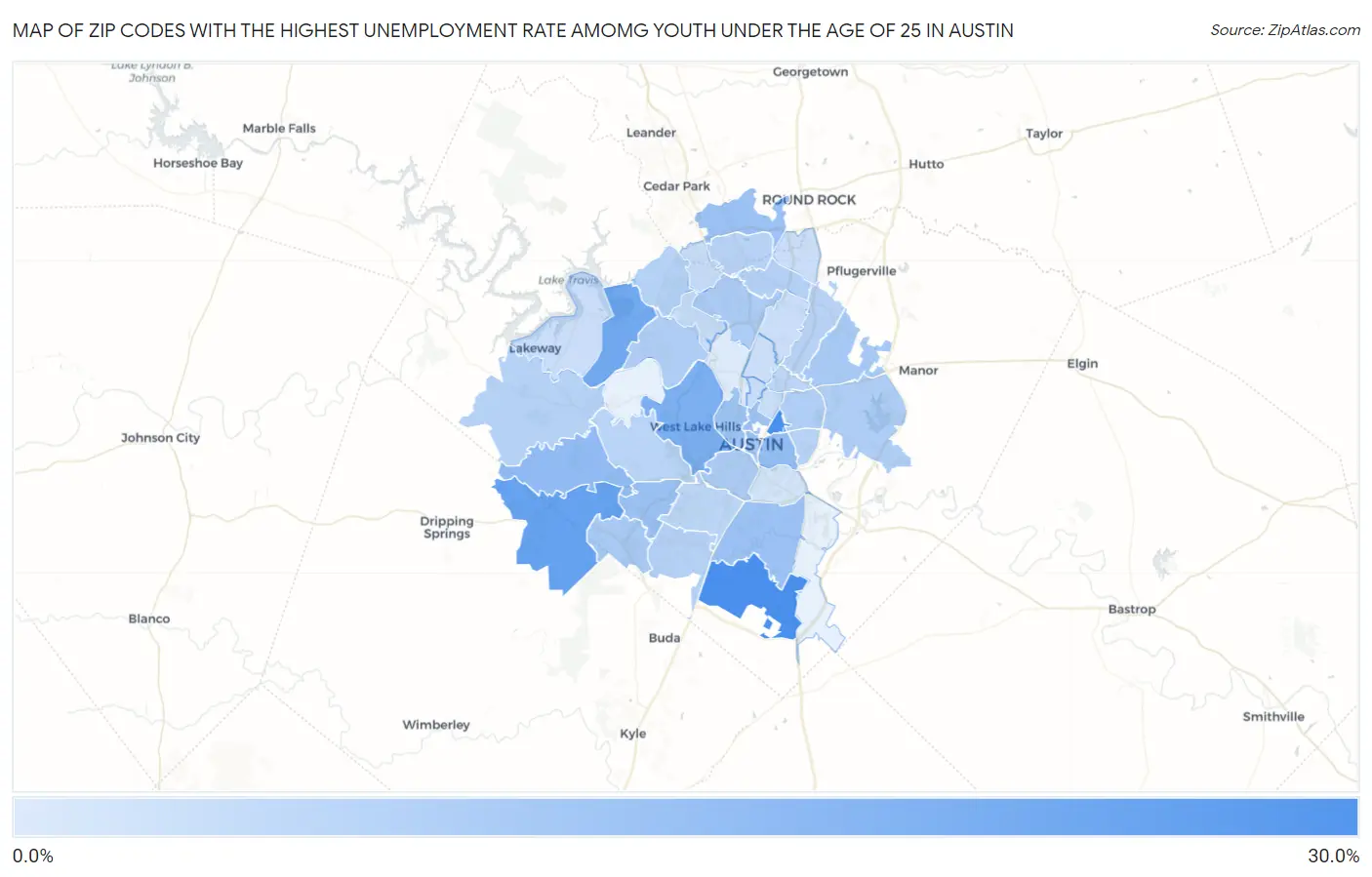 Zip Codes with the Highest Unemployment Rate Amomg Youth Under the Age of 25 in Austin Map